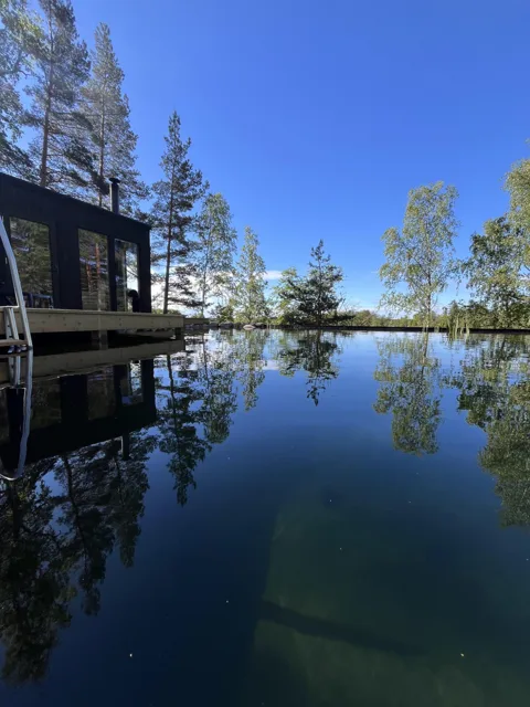 Träden och den blå himlen speglas i naturpoolens vatten.